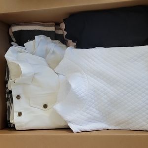 Box of 18 sweaters, jacket, and lightweight tops. Size Large to Xtra Large.